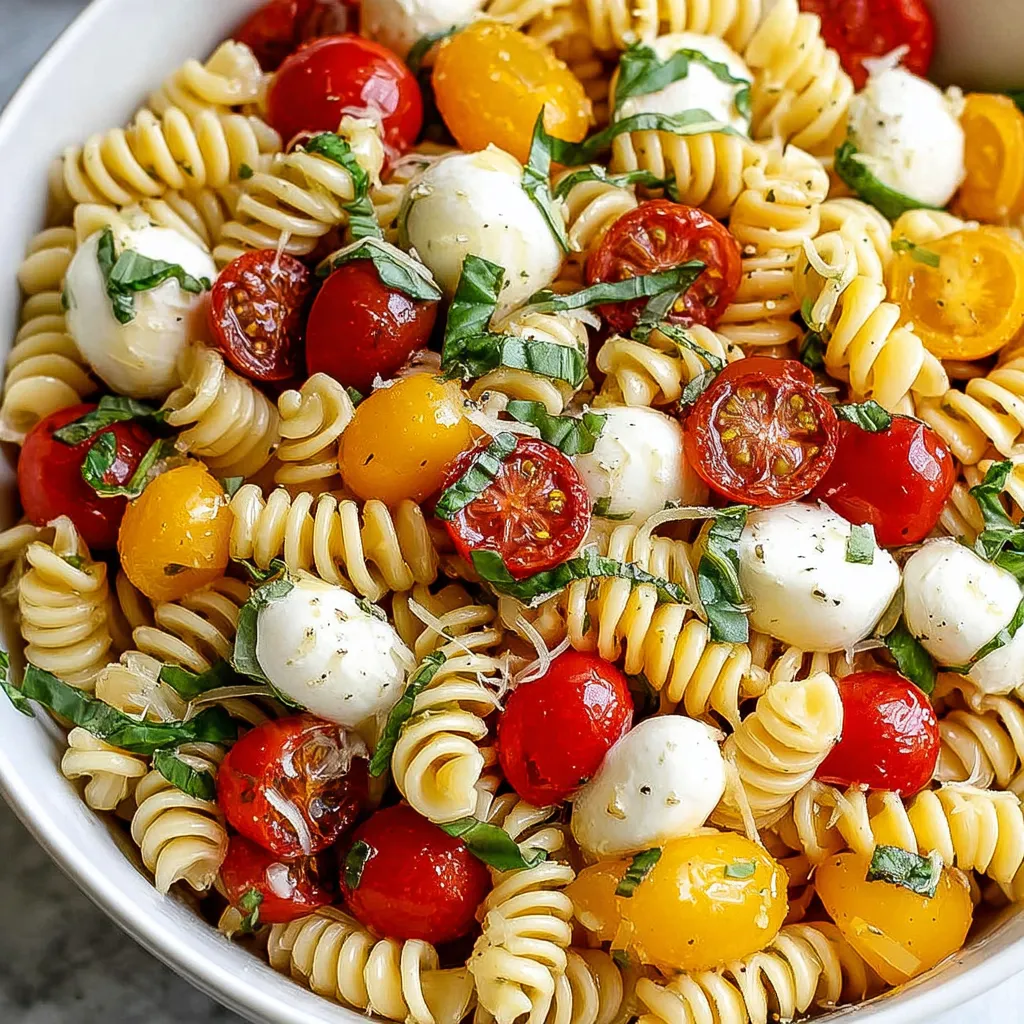 Caprese pasta salad features vibrant cherry tomatoes, fresh mozzarella, and basil mixed with pasta, showcasing a quick and easy summer meal.