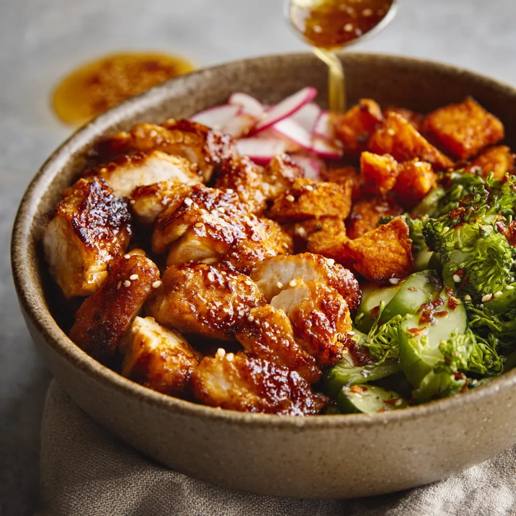 Close-up of a delicious hot honey chicken bowl showcasing the sweet and spicy glaze, perfect for enticing readers to try this recipe.