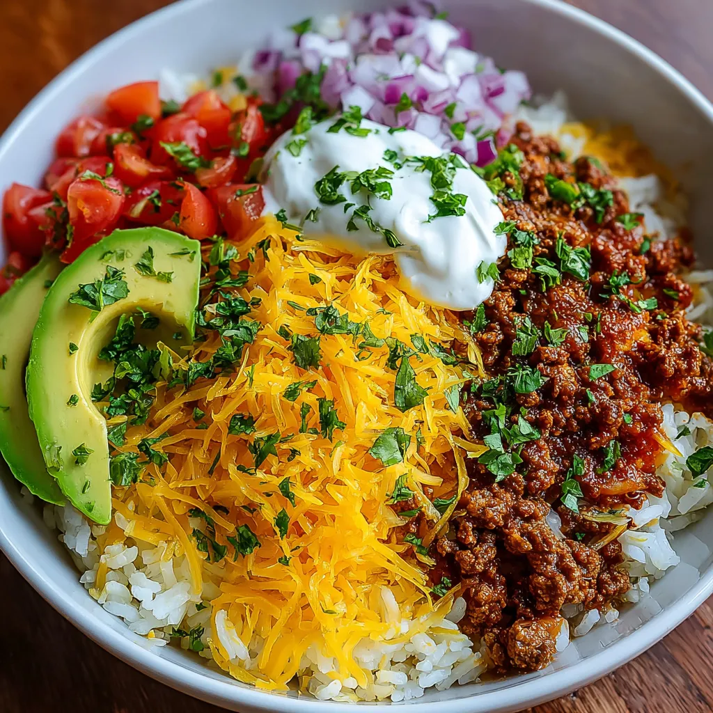 Close-up view of a vibrant taco rice bowl showcasing the seasoned ground beef, rice, colorful toppings like shredded lettuce, diced tomatoes, corn, cheese, and a drizzle of sour cream, illustrating the ease and deliciousness of this quick weeknight dinner.