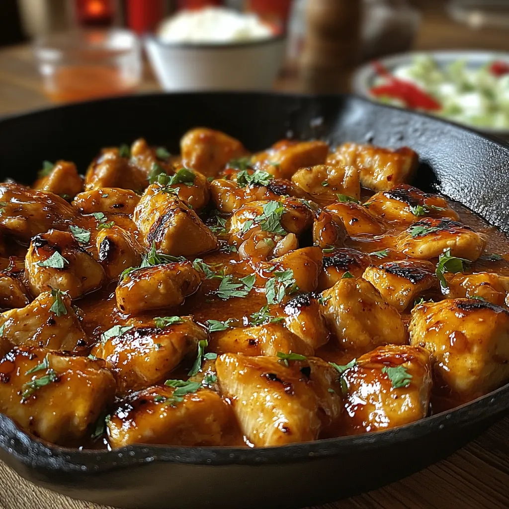 Easy Texas Roadhouse Butter Chicken Skillet recipe showing a close-up of the cheesy, bubbly chicken skillet ready to eat.