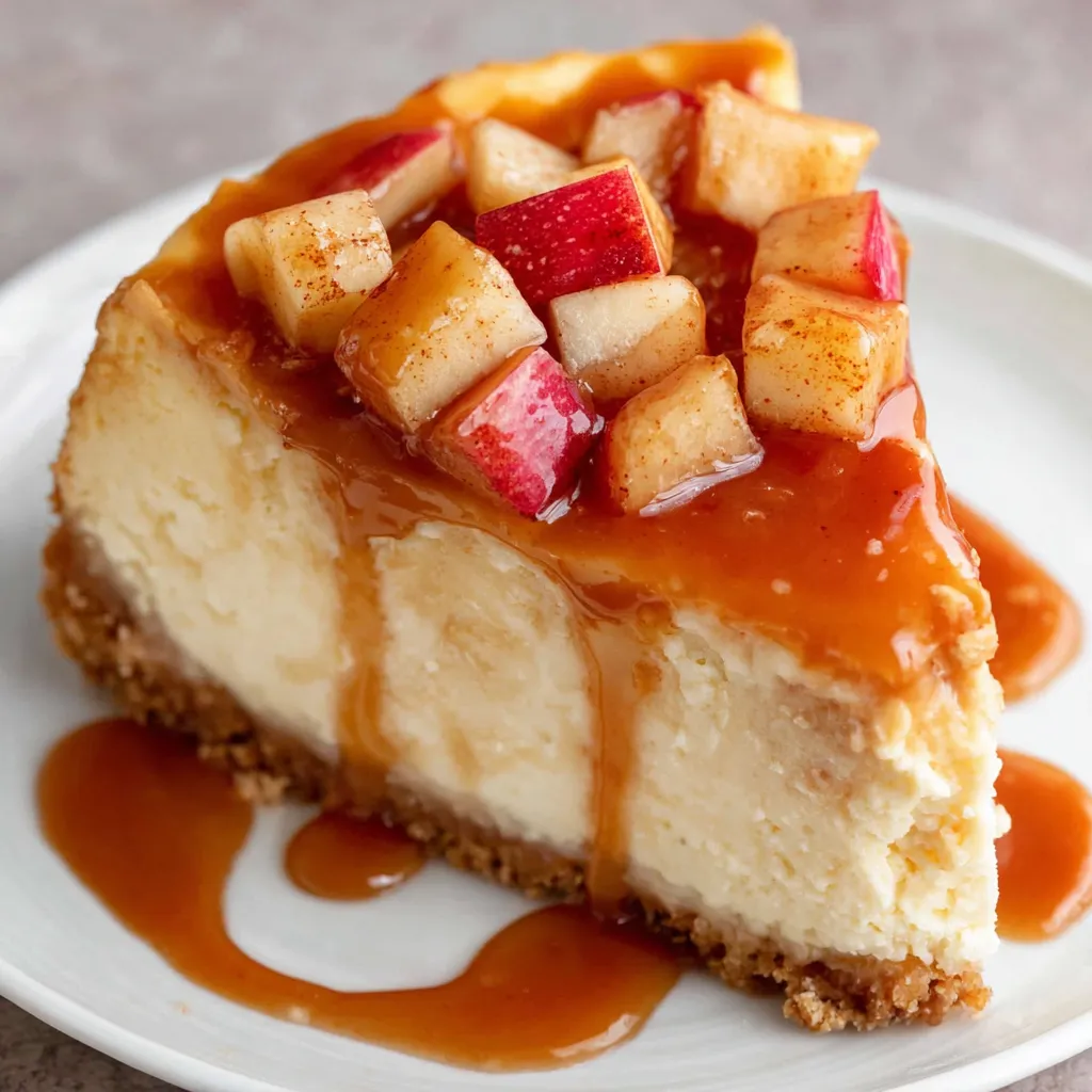 Close-up of a decadent apple cider cheesecake, showcasing its creamy texture and autumnal spices, making it the perfect fall dessert.