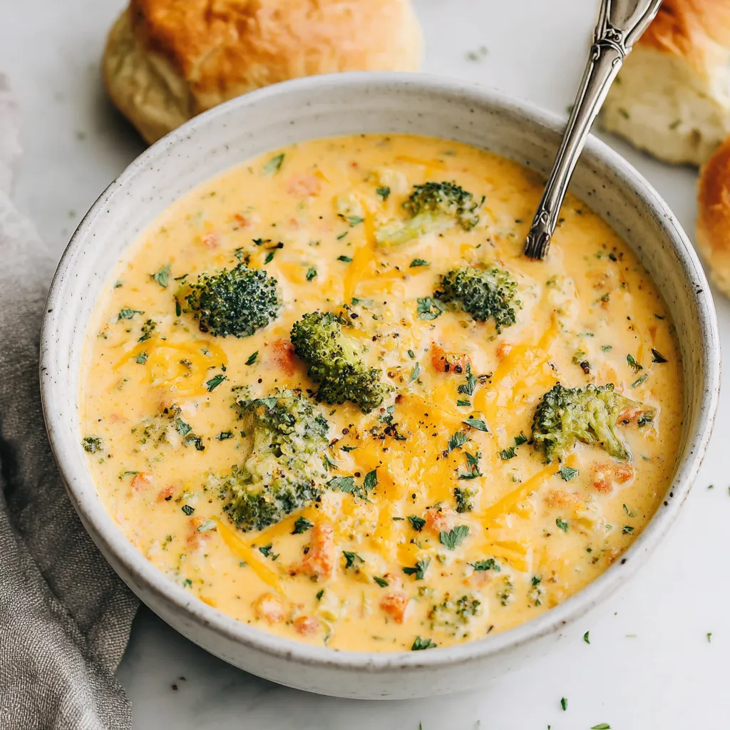 Creamy broccoli cheddar soup in a white bowl.