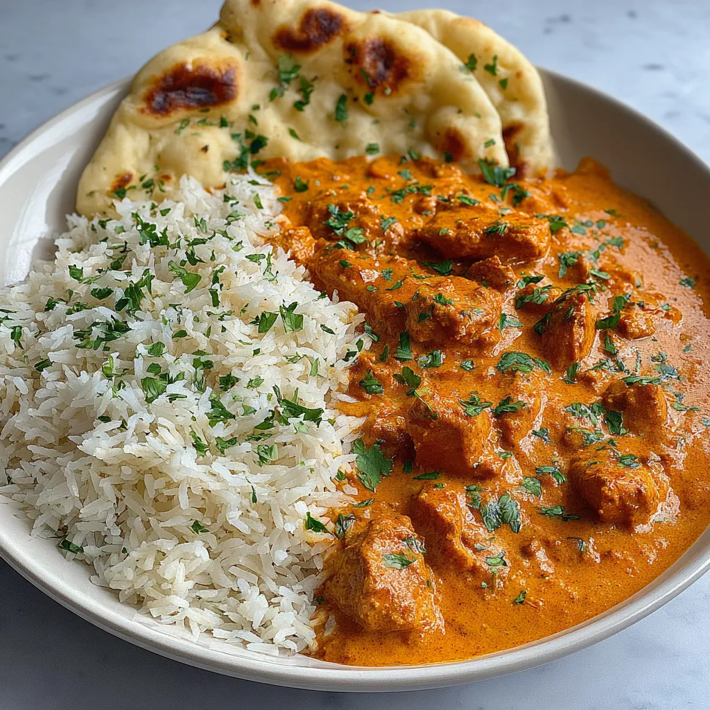 Easy homemade butter chicken recipe content image showing a close-up of the creamy tomato-based sauce simmering in a pan, highlighting the dish's rich texture and vibrant color.