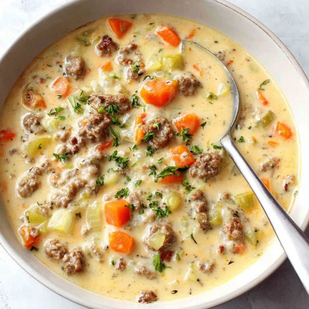 Creamy cheeseburger soup in a bowl. Easy homemade cheeseburger soup recipe.