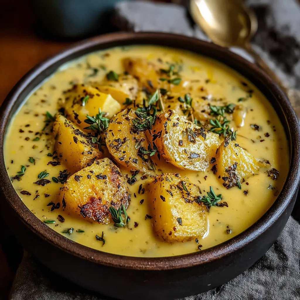 Hearty cheddar garlic herb potato soup in a white bowl, showcasing the recipe's easy-to-make nature.