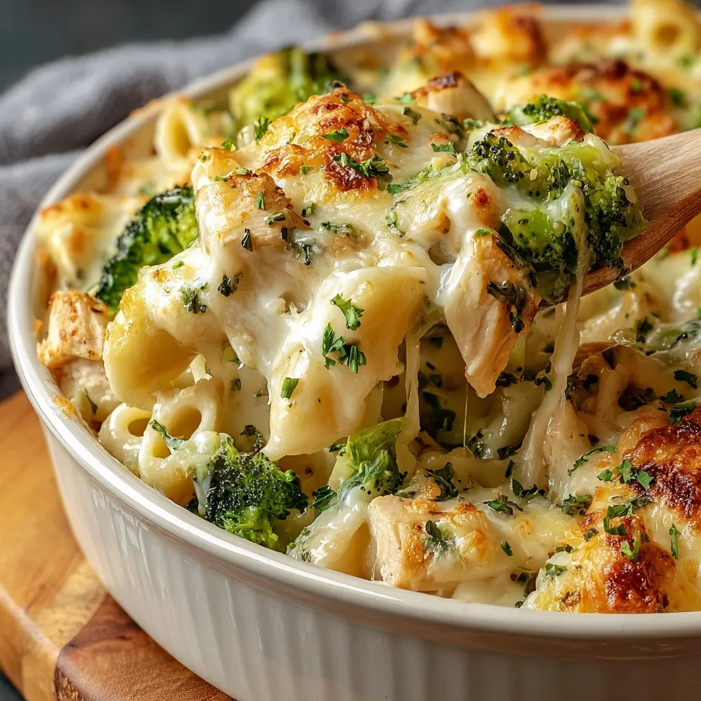 A close-up shot reveals a creamy Chicken Broccoli Alfredo Bake bubbling with cheese, illustrating a delicious second content image.
