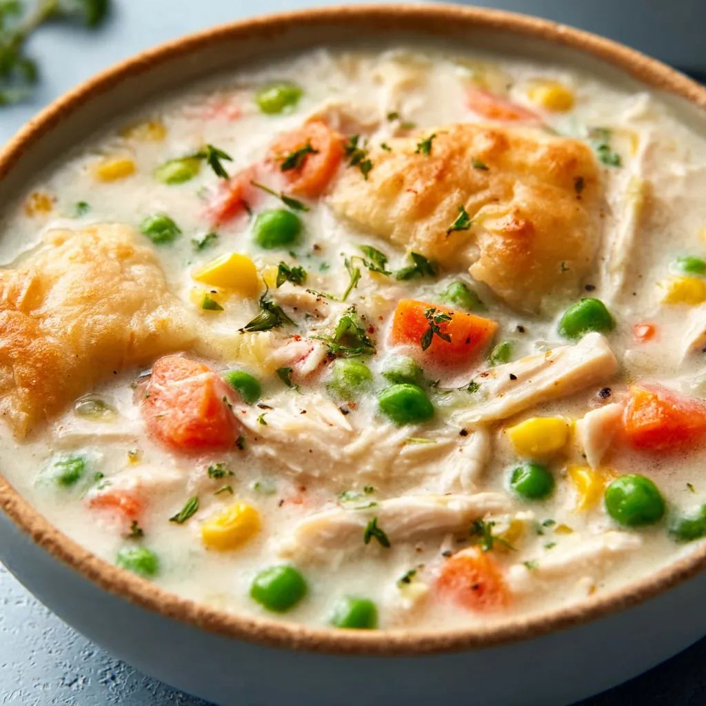 Close-up of creamy Chicken Pot Pie Soup with visible chicken and vegetables, ready to be enjoyed.