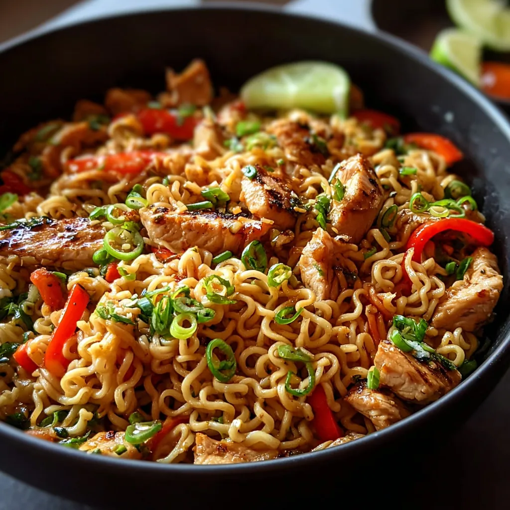 Close-up of flavorful Chicken Ramen Stir Fry showcasing the slurp-worthy noodles and colorful vegetables.