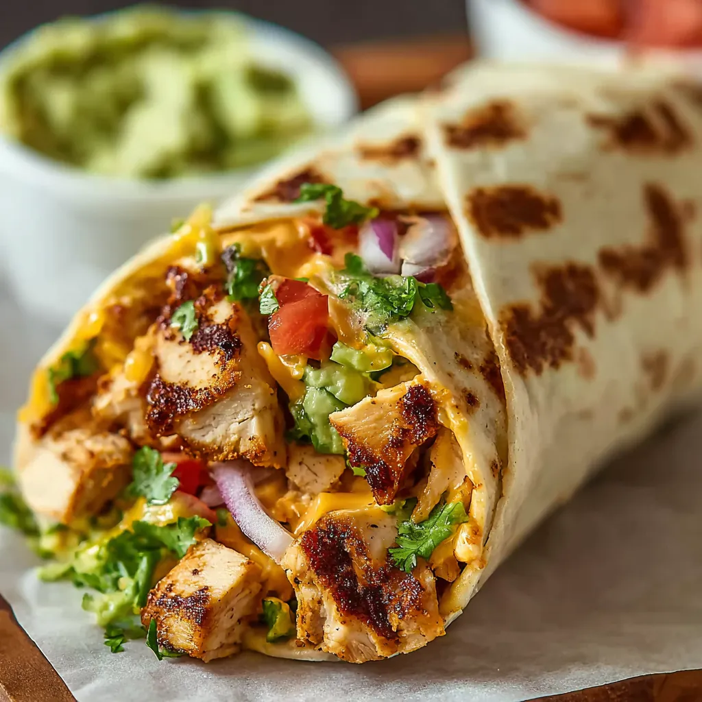 Close-up shot of a delicious Chipotle Ranch Grilled Chicken Burrito, showcasing the grilled chicken and creamy ranch sauce.