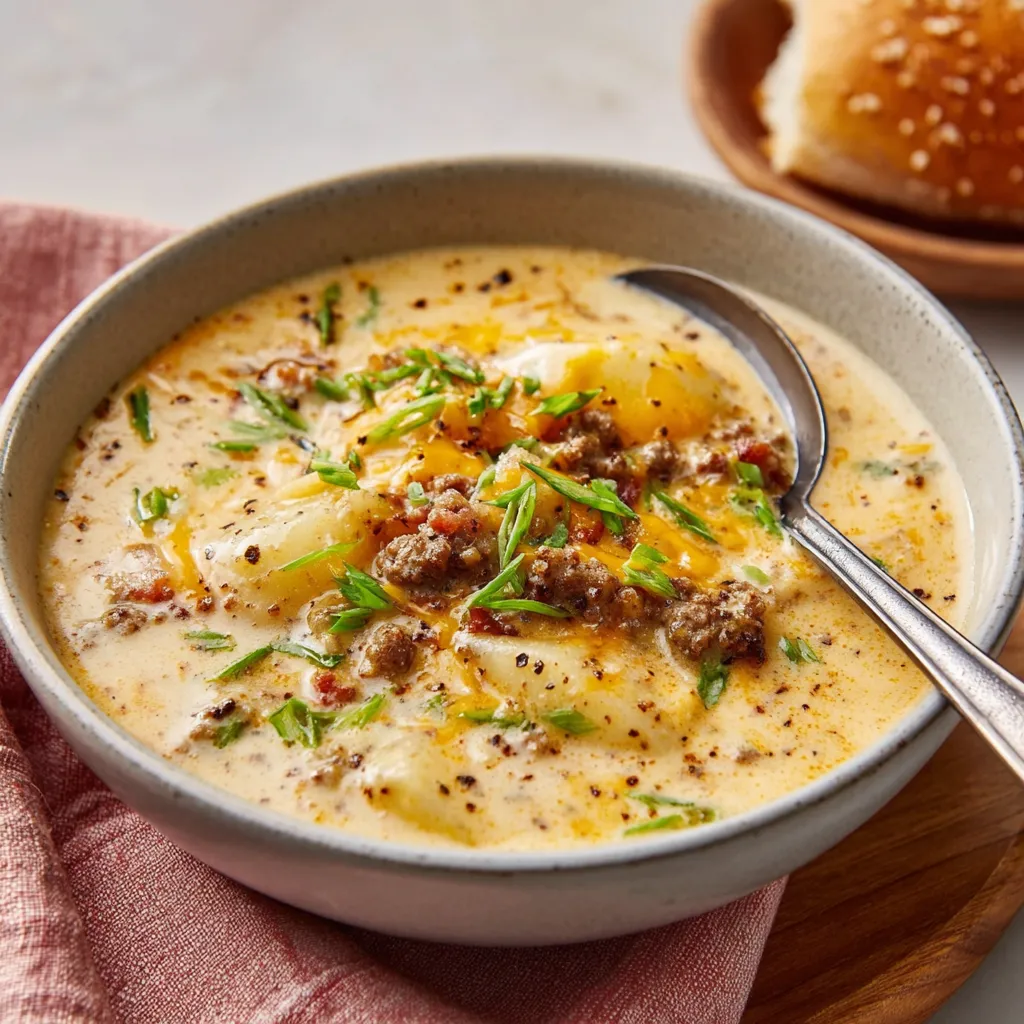 Creamy cheeseburger soup in a bowl provides a comforting and hearty meal.