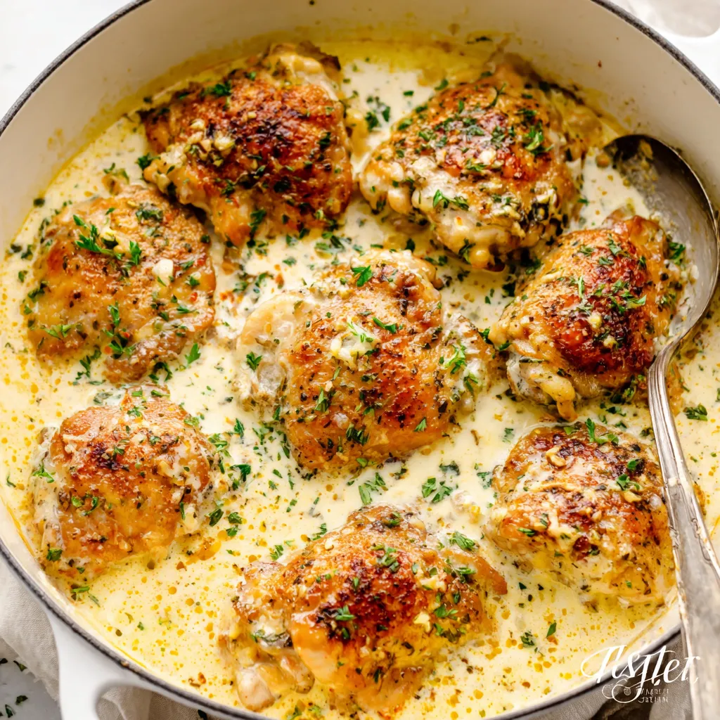 Close-up showcases perfectly golden brown and juicy oven-baked chicken thighs, emphasizing their melt-in-your-mouth texture and creamy appearance.