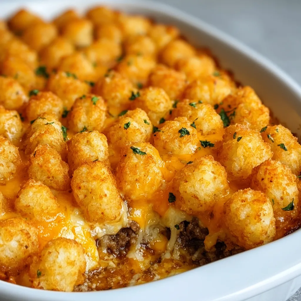 Creamy tater tot casserole, a cheesy comfort food dish, is displayed as a recipe image for this delicious and easy meal.