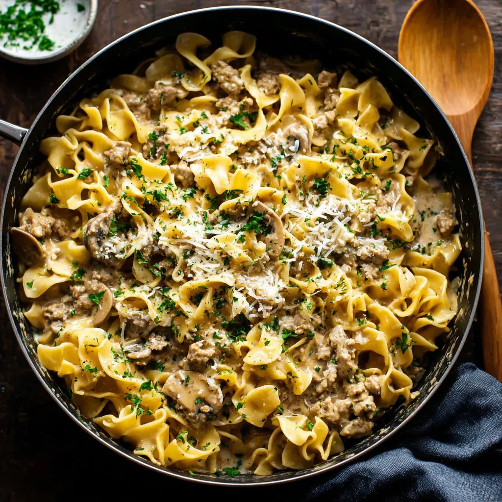 Creamy turkey stroganoff recipe. Close up of the delicious, saucy dish.