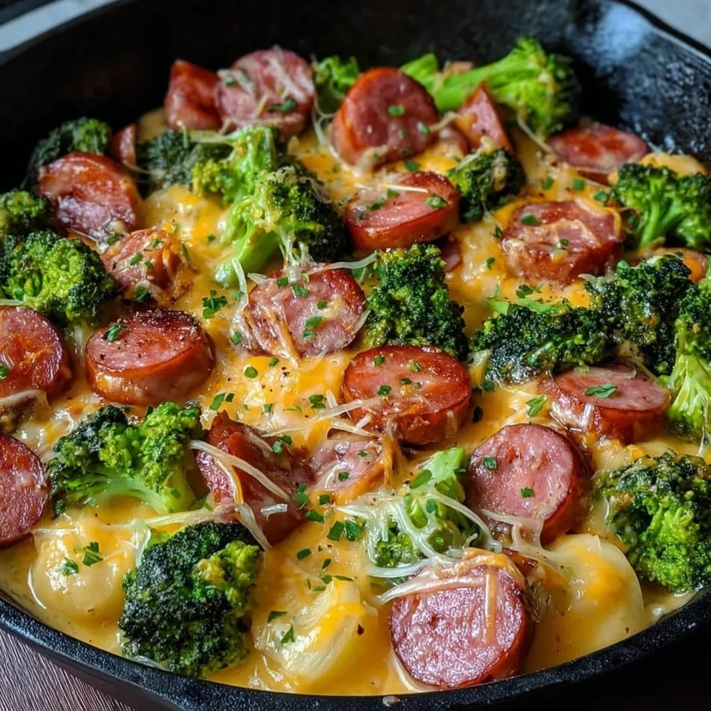 Creamy kielbasa broccoli skillet close-up. Easy one-pan dinner recipe.
