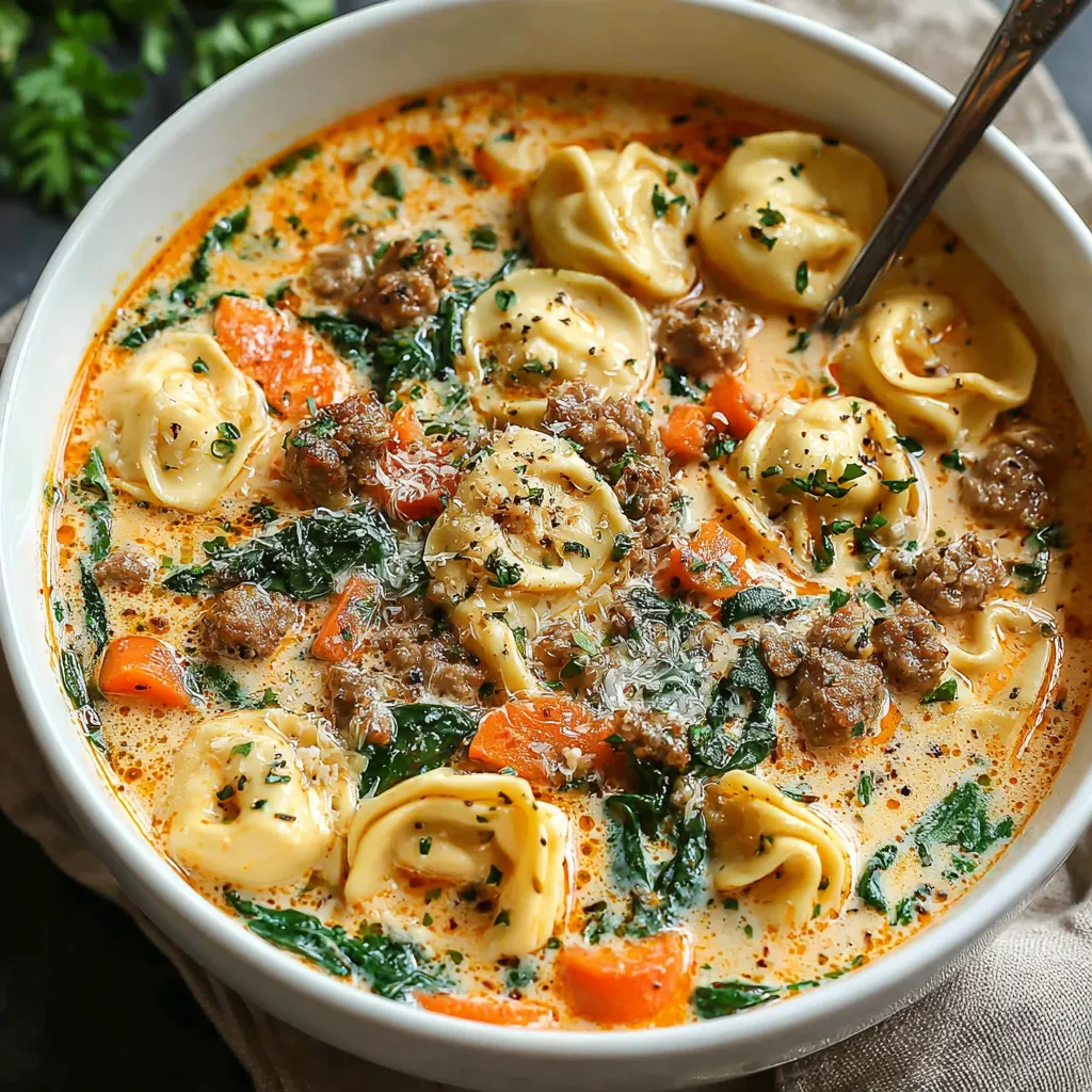 Creamy sausage tortellini soup in a bowl. Comfort food recipe.