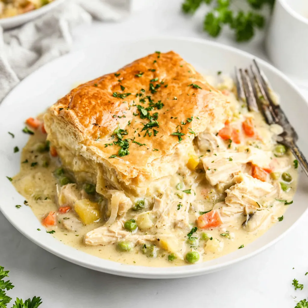 Easy slow cooker chicken pot pie image showing a close-up of the finished dish in a bowl, highlighting the flaky crust and creamy filling.