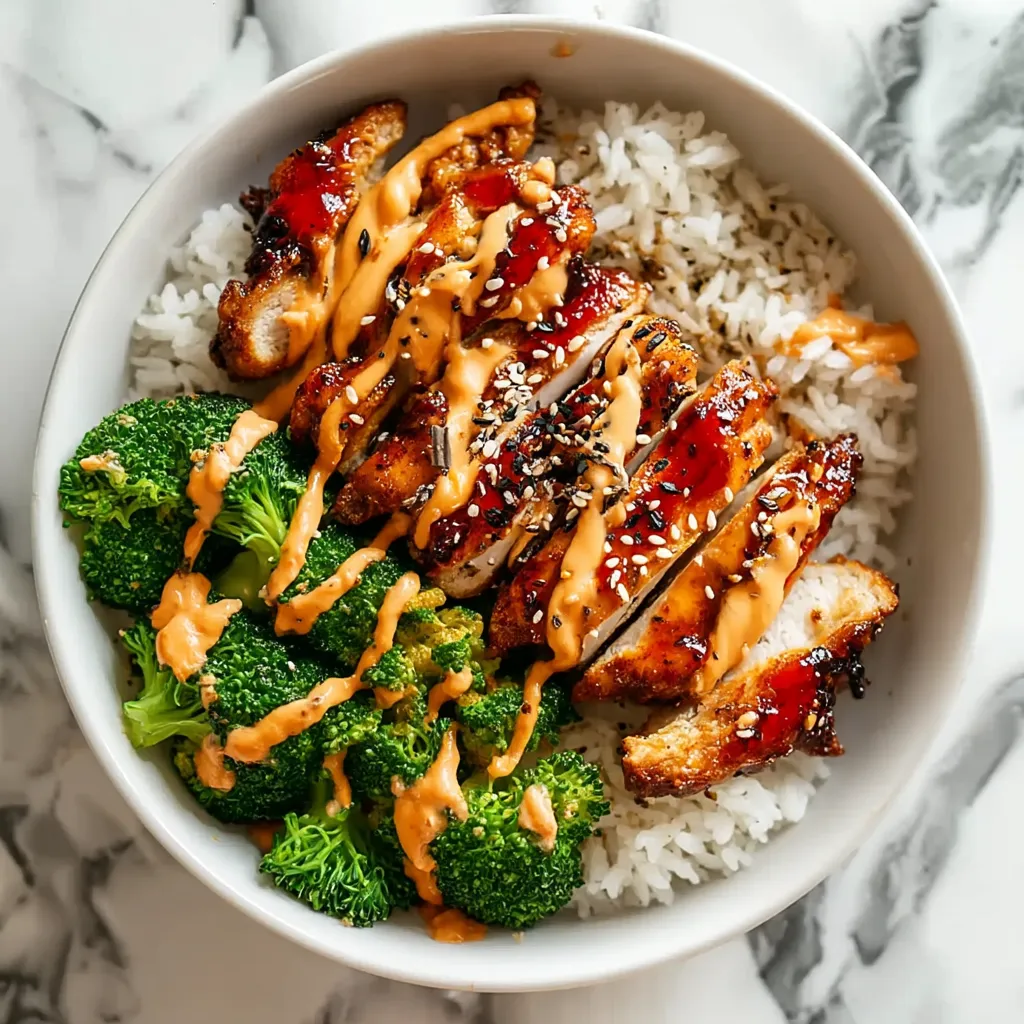 Close-up of a flavorful sticky chicken rice bowl.