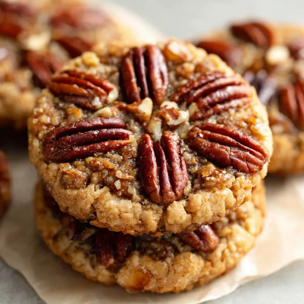 Close-up of freshly baked vegan pecan pie cookies showcasing their golden-brown tops and visible pecan pieces, perfect for an easy and delicious holiday treat.