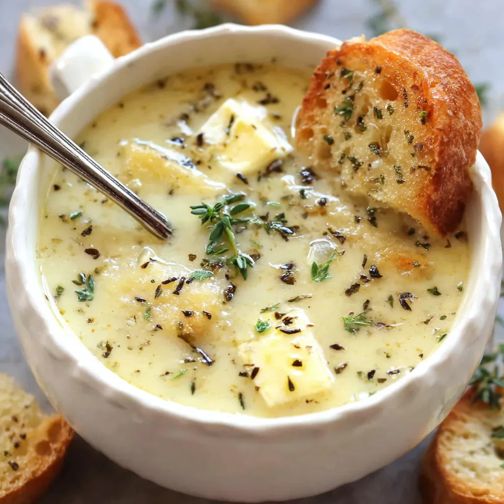 Velvety Country French Garlic Soup served in a rustic bowl, showcasing the simple elegance of this easy-to-make dish.