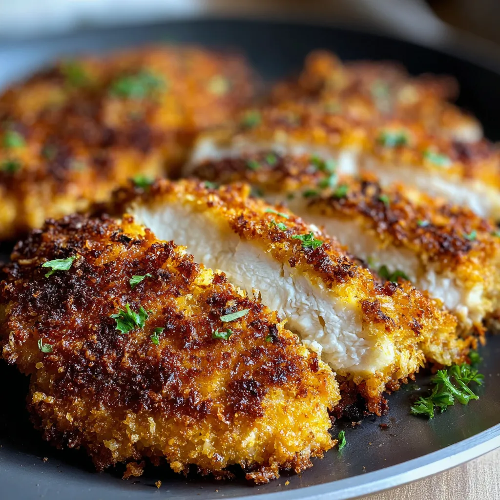 Crispy air fryer parmesan crusted chicken glistens, showcasing its golden-brown perfection and irresistible appeal, perfect for the featured image of this recipe.