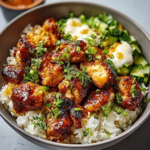 A vibrant Hot Honey Chicken Bowl features juicy chicken, rice, and colorful vegetables.
