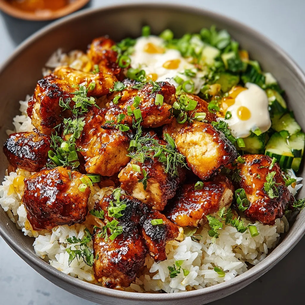 A vibrant Hot Honey Chicken Bowl features juicy chicken, rice, and colorful vegetables.