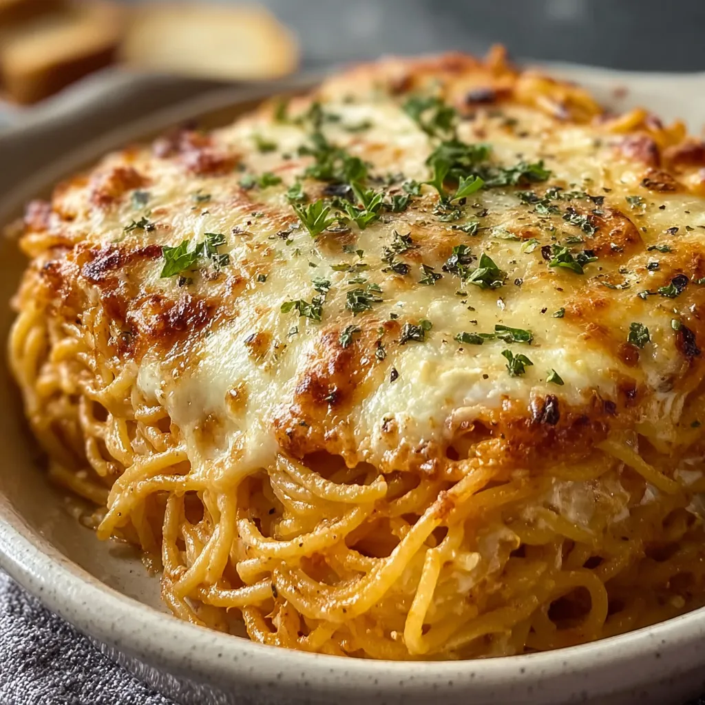 Creamy baked cream cheese spaghetti casserole is shown in a dish ready to be served.