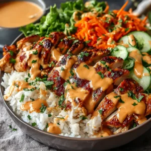 Easy bang bang chicken bowl features juicy chicken coated in spicy bang bang sauce served over rice and topped with sesame seeds and green onions, perfect for a quick and flavorful weeknight meal.