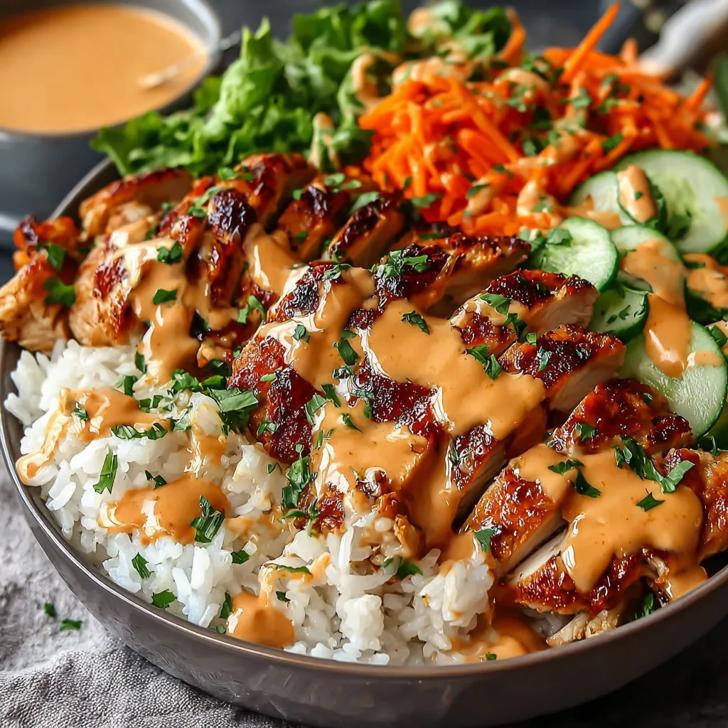 Easy bang bang chicken bowl features juicy chicken coated in spicy bang bang sauce served over rice and topped with sesame seeds and green onions, perfect for a quick and flavorful weeknight meal.
