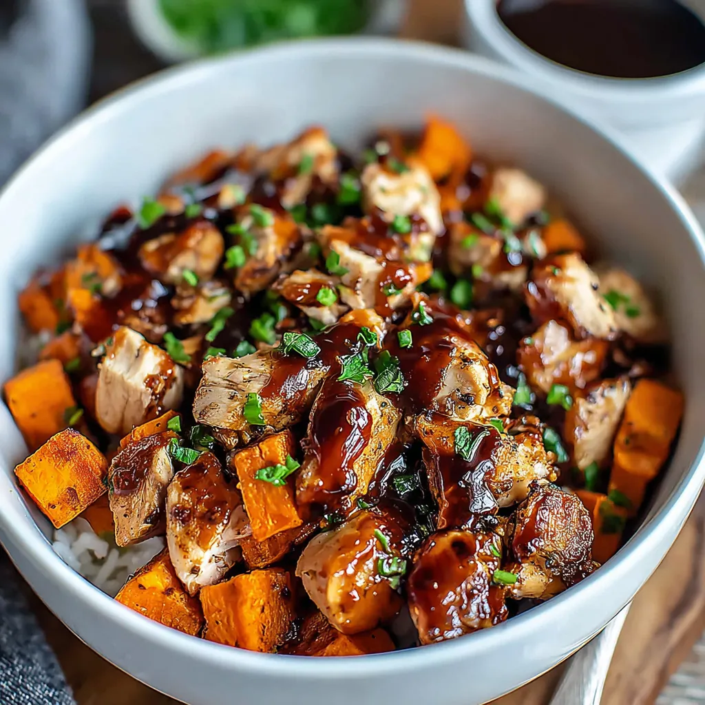 A delicious BBQ chicken sweet potato bowl is pictured, showcasing an easy and flavorful meal.