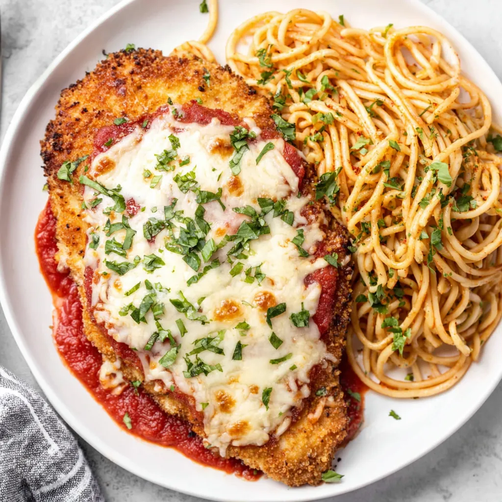 A delicious serving of Baked Chicken Parmesan, showcasing golden-brown breading and melted mozzarella cheese.