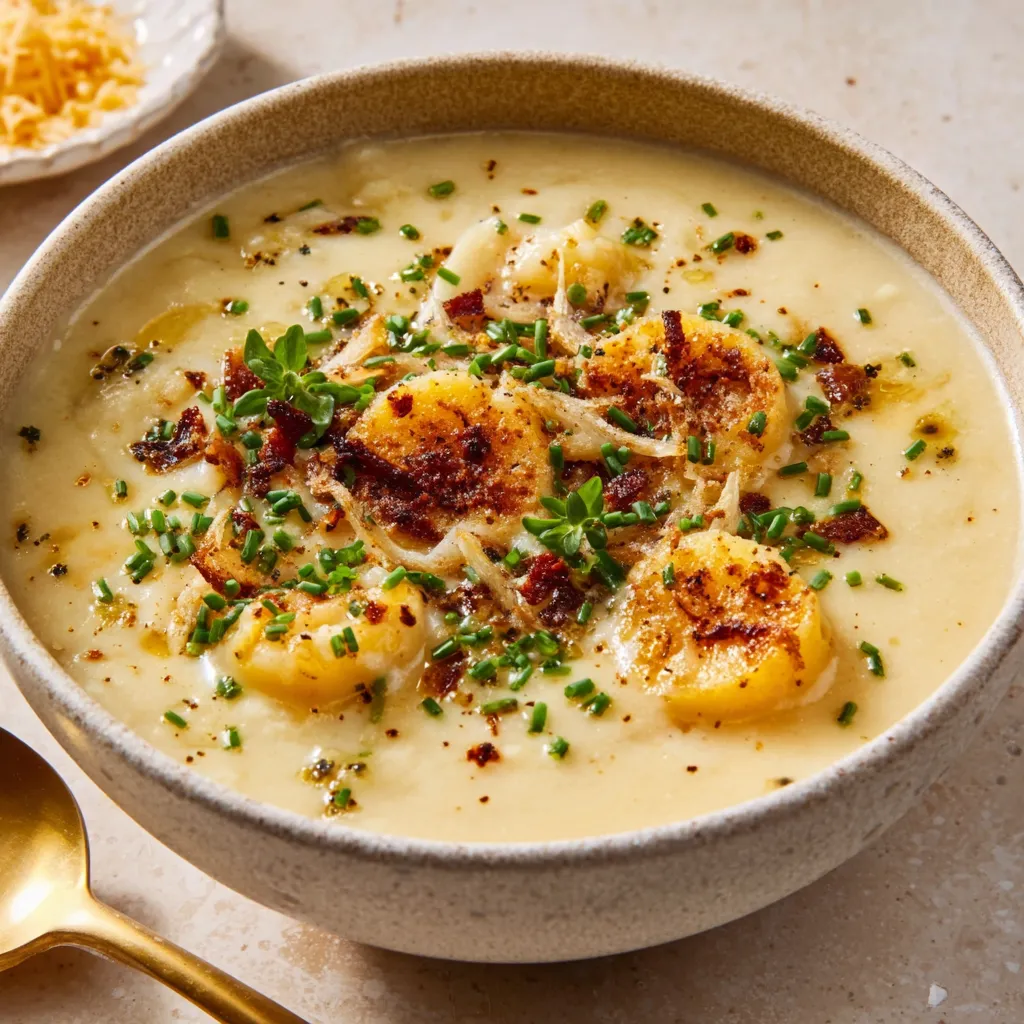 Creamy potato soup in a white bowl showcases the best ever recipe, perfect for a comforting and delicious meal.