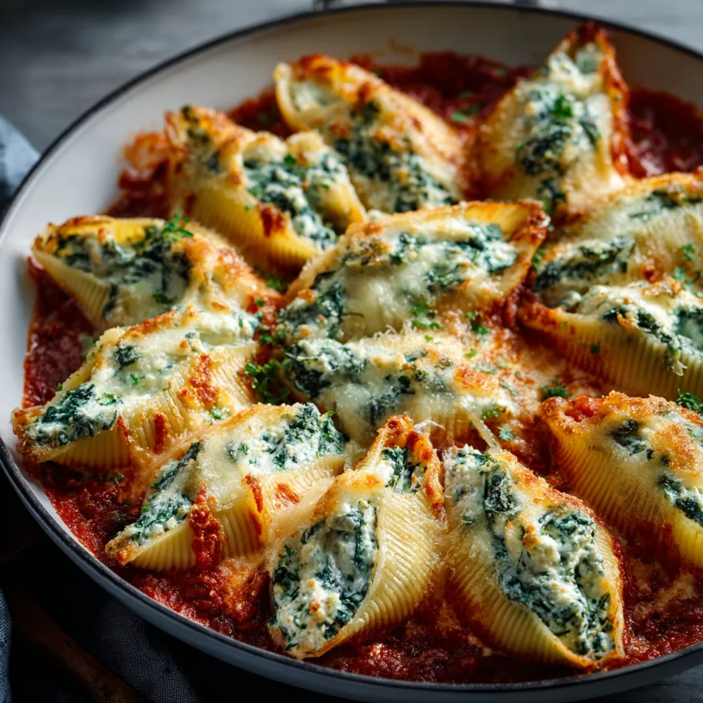Easy spinach and ricotta stuffed shells recipe featured image showcasing golden-brown baked pasta shells filled with creamy cheese and vibrant green spinach, ready to be enjoyed.