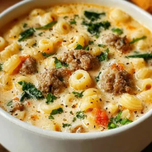 Close-up of a comforting bowl of Italian Sausage Ditalini Soup, showcasing the pasta, sausage, and broth.