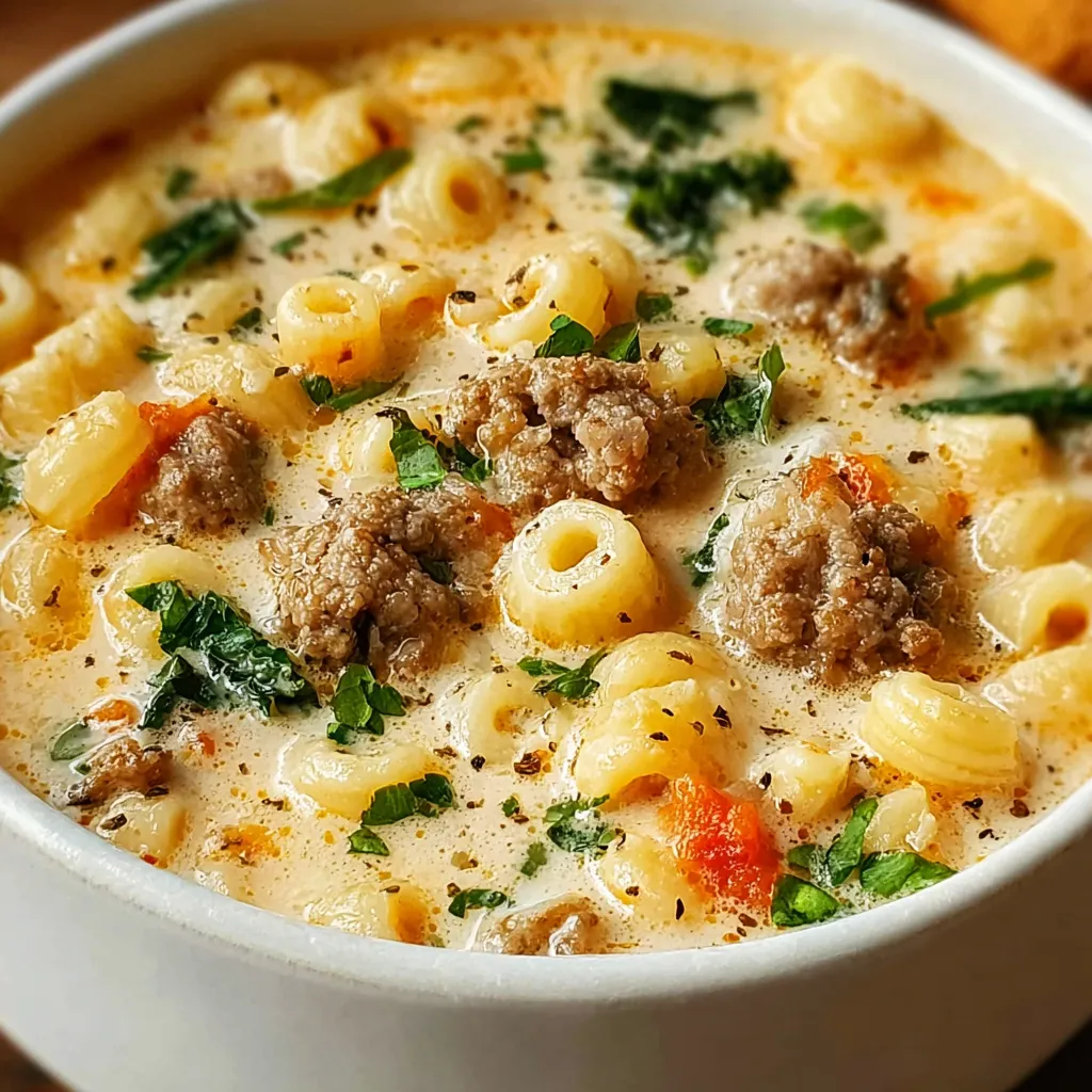 Close-up of a comforting bowl of Italian Sausage Ditalini Soup, showcasing the pasta, sausage, and broth.