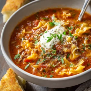 Delicious bowl of Lasagna Soup with visible noodles, meat, and cheese, perfect as a featured image.