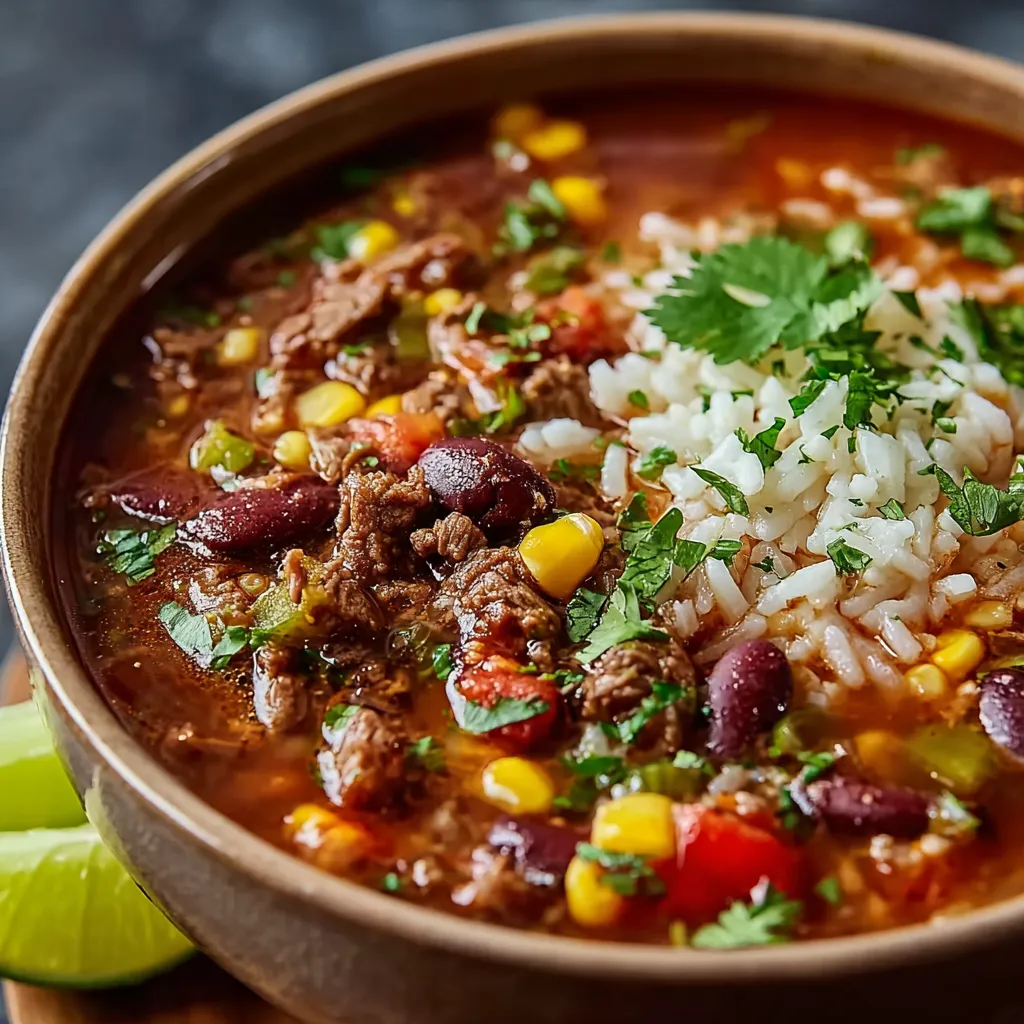 A steaming bowl of Mexican Beef and Rice Soup is shown, showcasing its rich broth, tender beef, and colorful vegetables.