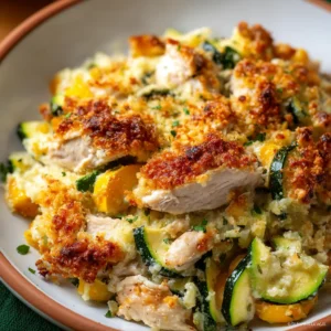 Irresistible rotisserie chicken zucchini casserole is shown baked to golden brown perfection, highlighting the cheesy topping and fresh zucchini slices.