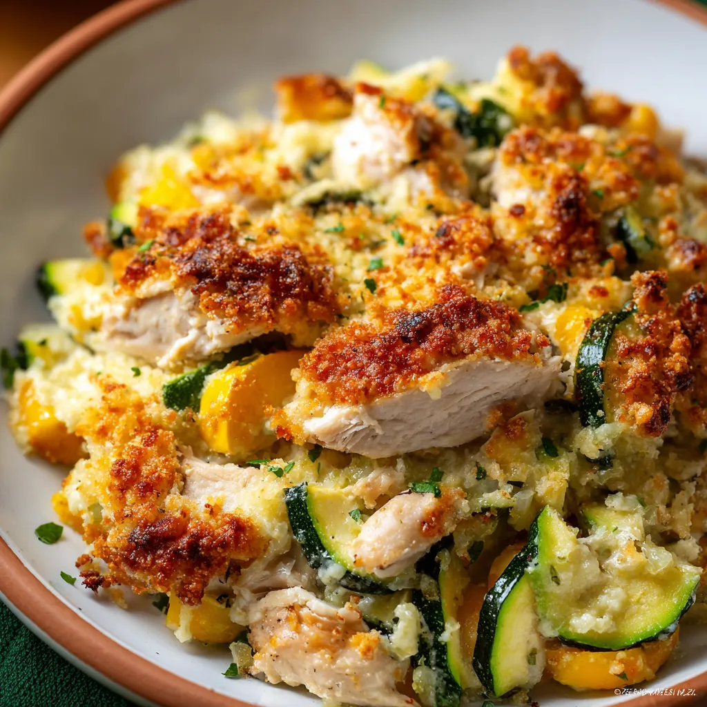 Irresistible rotisserie chicken zucchini casserole is shown baked to golden brown perfection, highlighting the cheesy topping and fresh zucchini slices.