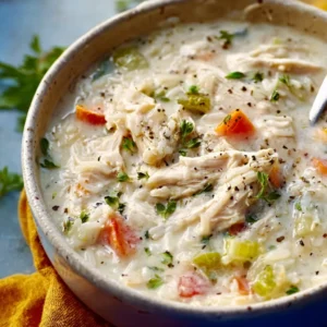 Creamy White Chicken Rice Soup fills a bowl, showcasing its comforting and flavorful ingredients.