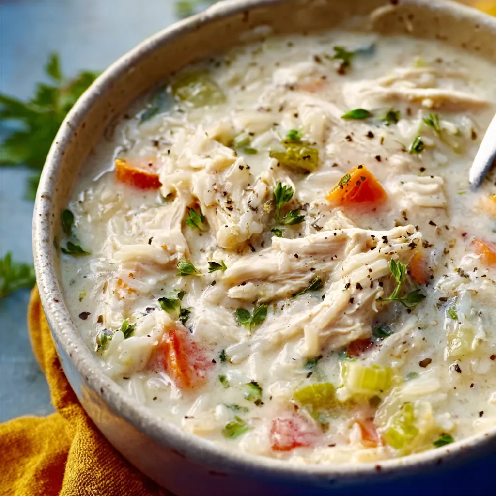 Creamy White Chicken Rice Soup fills a bowl, showcasing its comforting and flavorful ingredients.