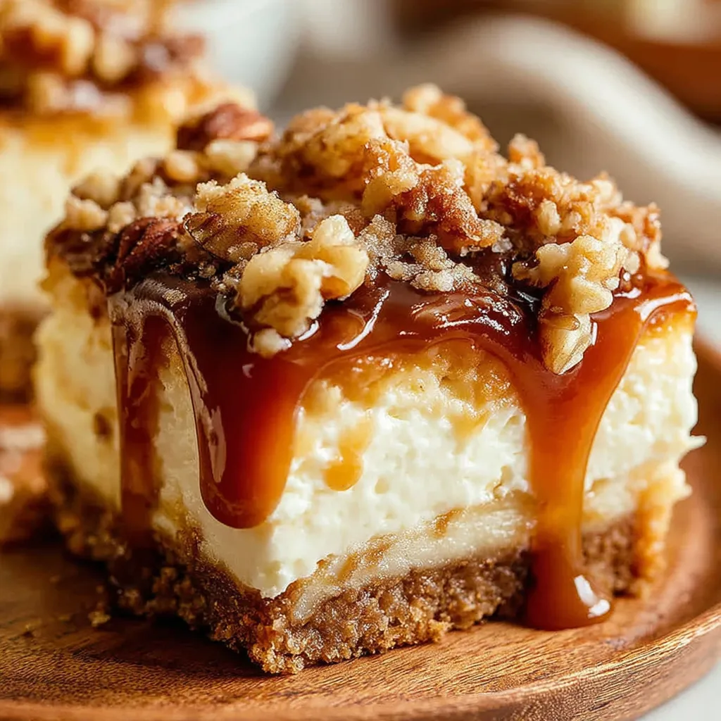 Easy caramel apple cheesecake bars recipe featured image showcasing the delicious layers of graham cracker crust, creamy cheesecake filling, and sweet caramel apple topping.