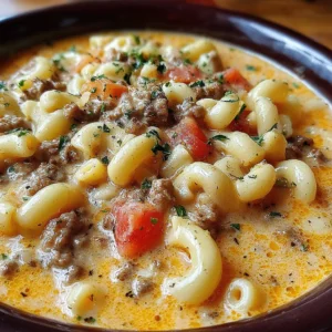 One-pot cheeseburger soup with macaroni, no Velveeta. Creamy, cheesy, beefy soup.