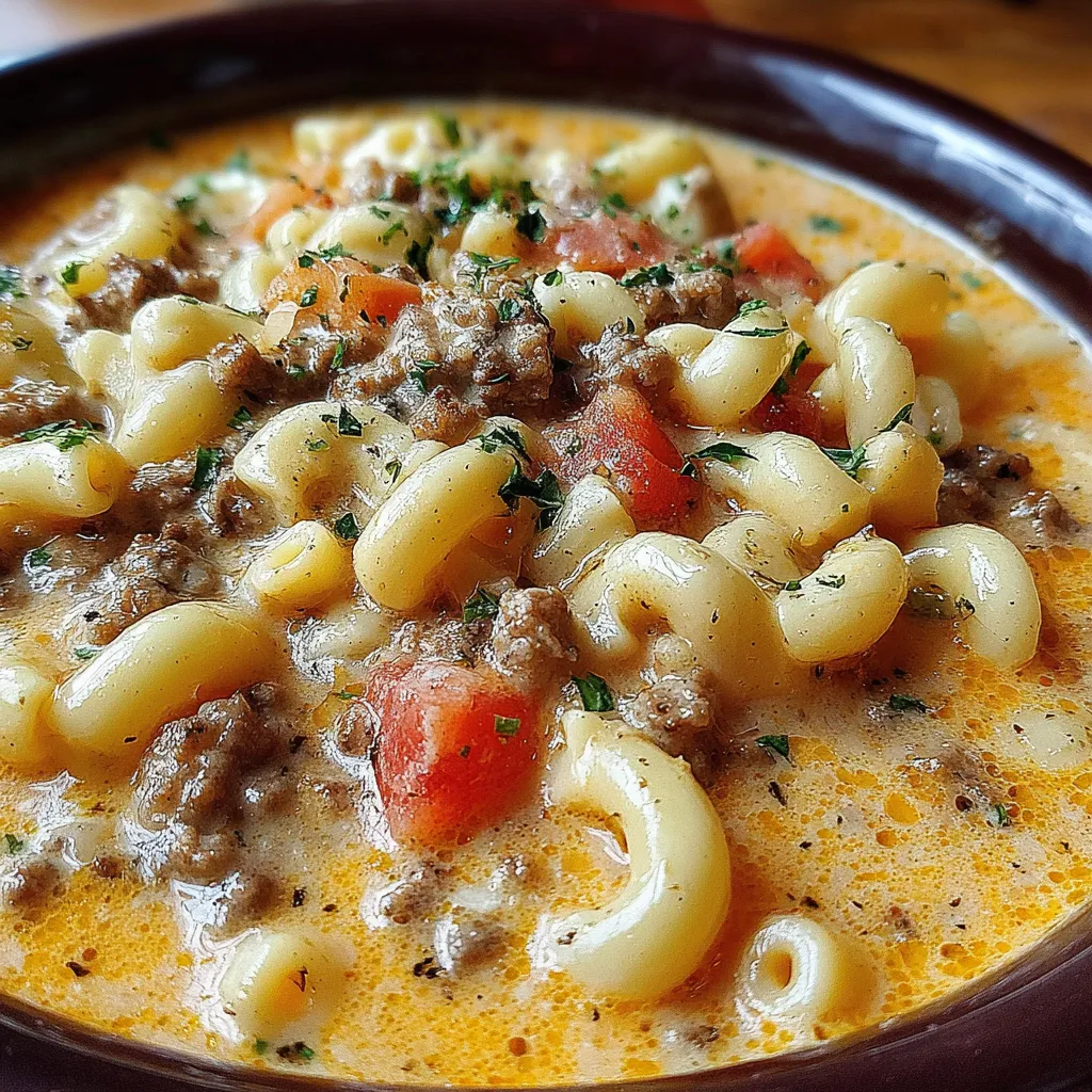 One-pot cheeseburger soup with macaroni, no Velveeta. Creamy, cheesy, beefy soup.