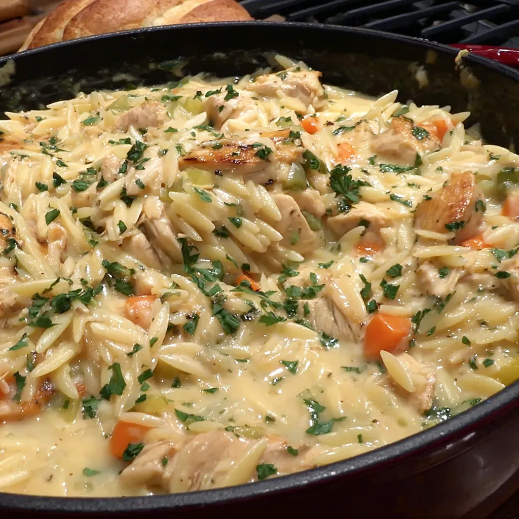 Creamy chicken pot pie orzo, a comforting twist on a classic dish, is showcased in this featured image.