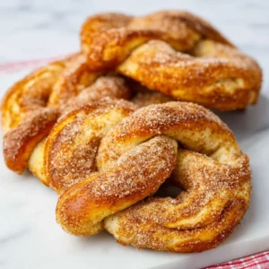 Close-up of golden-brown, cinnamon-sugar coated soft pretzels arranged on a wooden cutting board, showcasing their soft texture and delicious topping for an article about easy homemade cinnamon sugar soft pretzels.