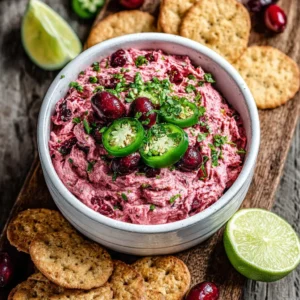 Spicy zesty cranberry jalapeno dip is served in a festive bowl, highlighting the vibrant colors and textures of this delicious holiday appetizer recipe.
