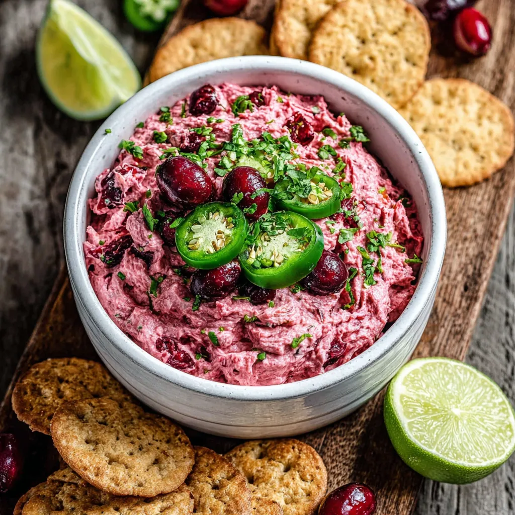 Spicy zesty cranberry jalapeno dip is served in a festive bowl, highlighting the vibrant colors and textures of this delicious holiday appetizer recipe.