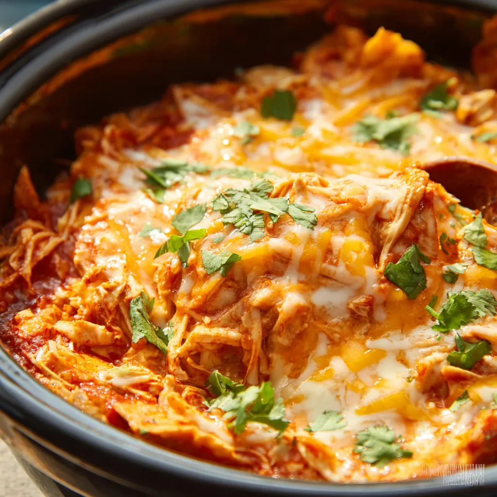 Easy slow cooker chicken enchilada casserole is a simple and delicious weeknight meal perfect for busy families, featuring layers of chicken, tortillas, cheese, and enchilada sauce cooked in a crockpot.
