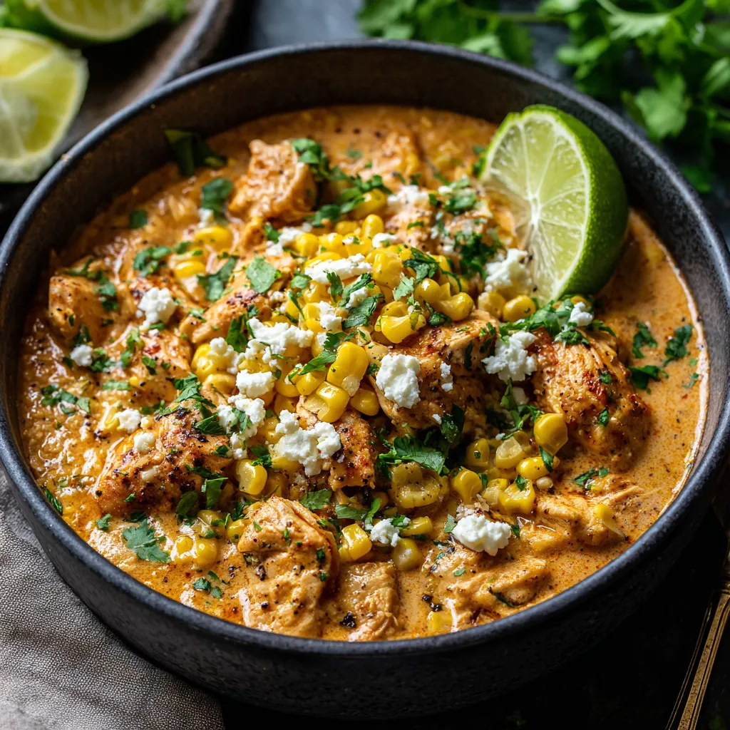 Slow Cooker Street Corn Chicken. Creamy, cheesy chicken with corn.